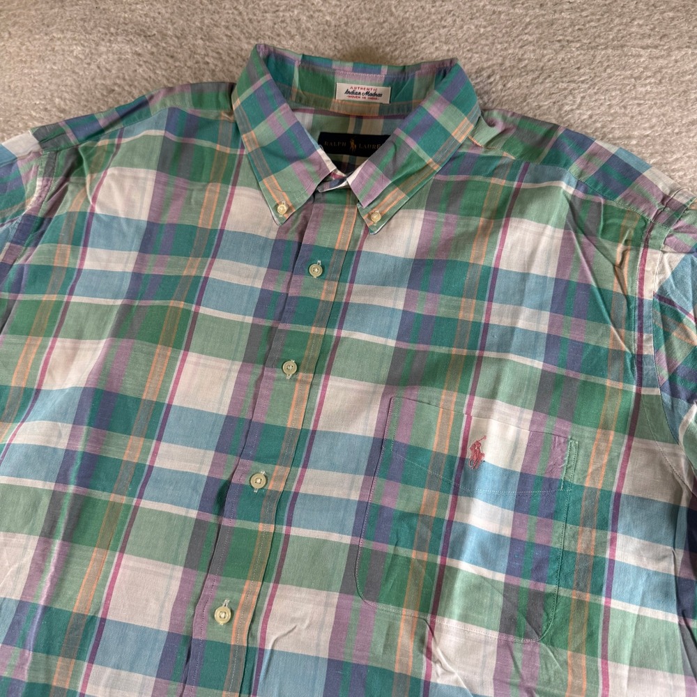 Ralph Lauren Button Down Mens 2XB Green Madras Plaid Short Sleeve Pre-owned